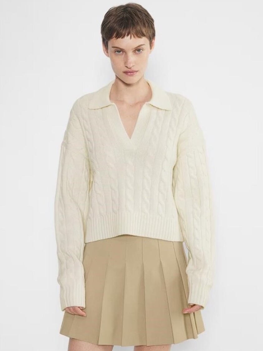 Sunday Best Cream Cable-Knit V-Neck Polo Sweater